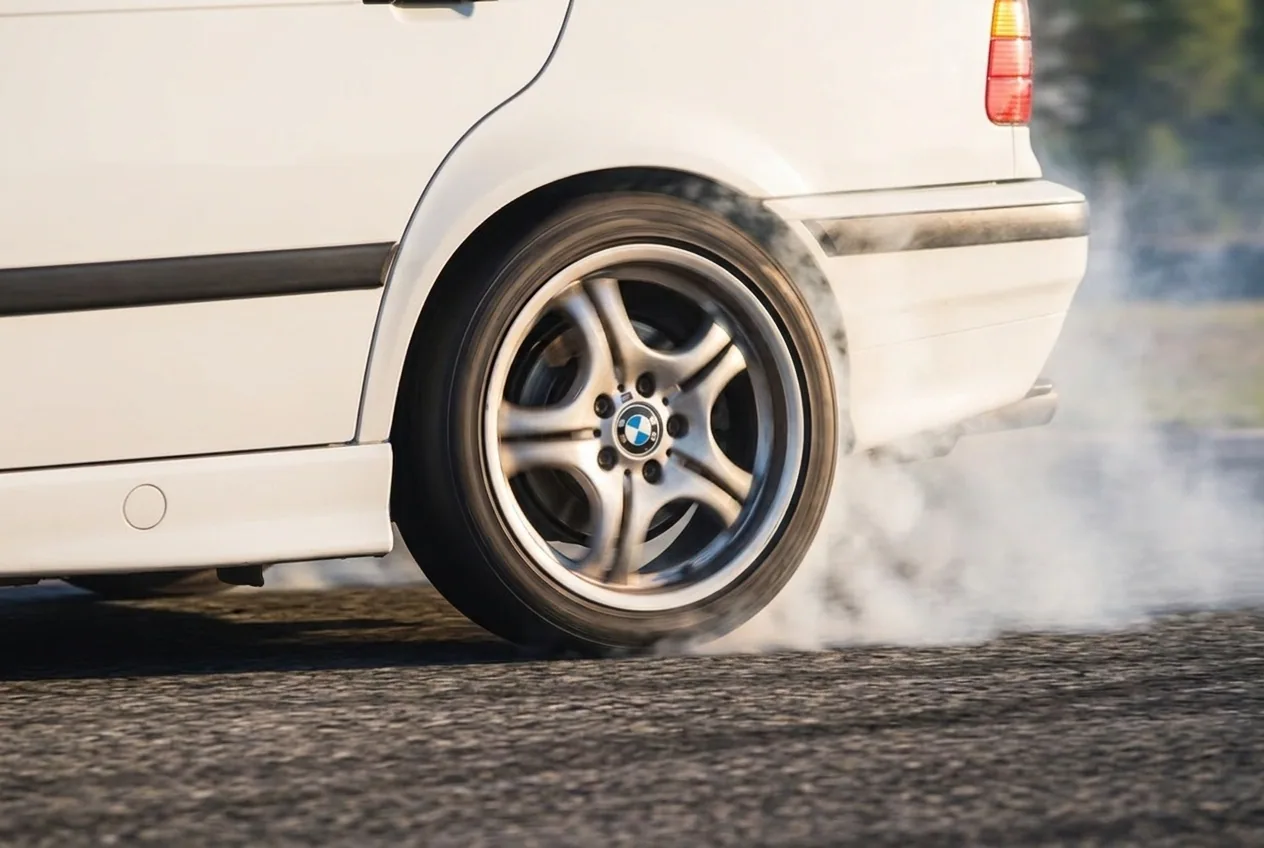 Primer plano de la rueda trasera del BMW E36 girando y humeando sobre el asfalto durante un derrape