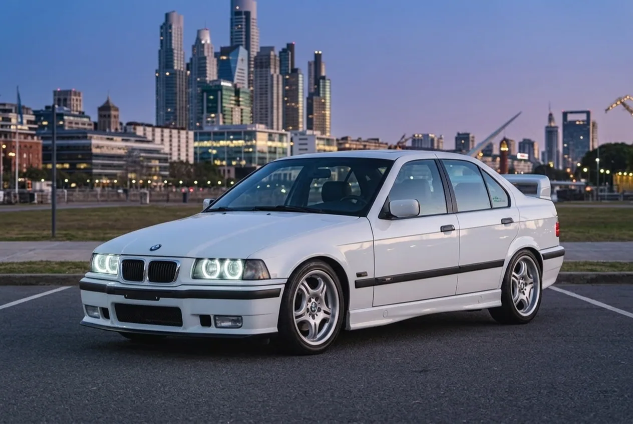 BMW E36 blanco preparado para drift estacionado con el skyline de Buenos Aires de fondo al anochecer
