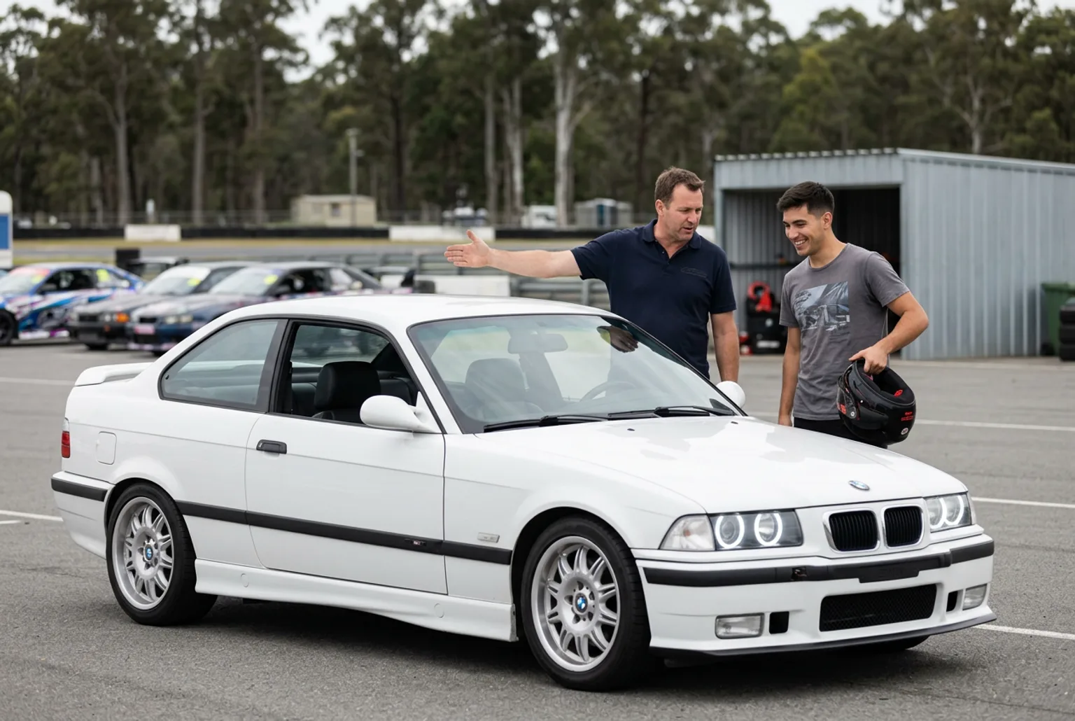 El instructor le explica a un joven recien recibido junto al BMW E36 blanco antes de una clase de drift de regalo de graduacion en Buenos Aires