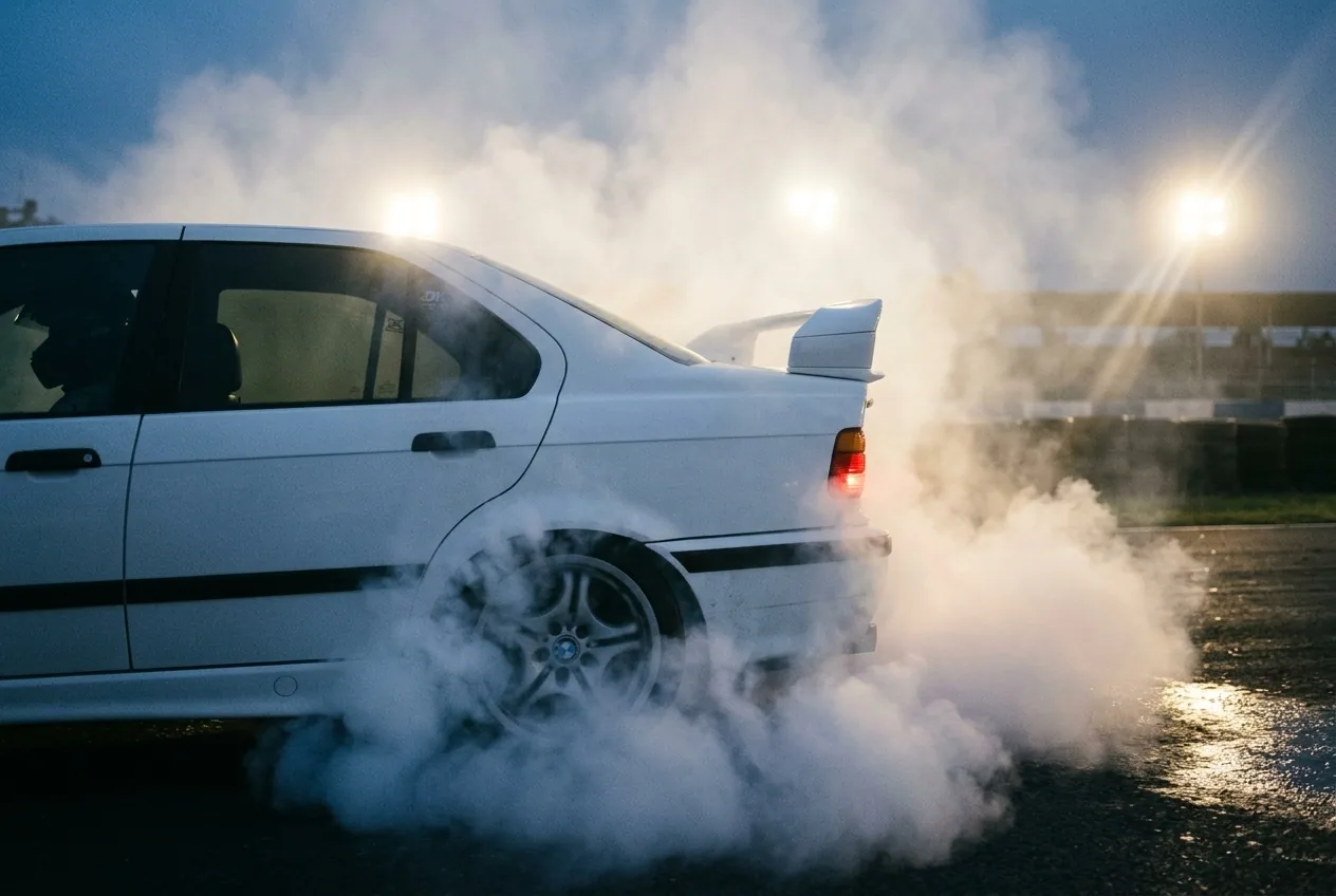 Humo blanco de neumatico envolviendo la cola de un BMW E36 blanco al driftear en Buenos Aires al anochecer