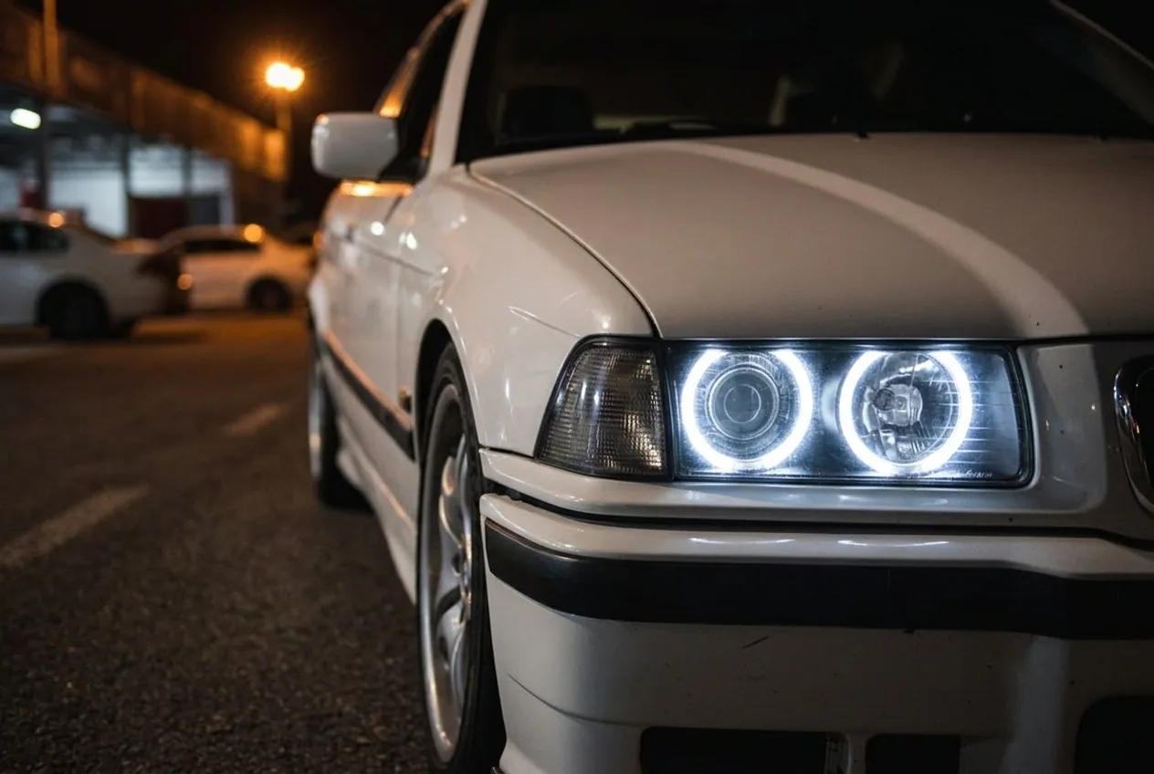 Detalle del faro angel-eyes blanco encendido de un BMW E36 blanco, plataforma ideal para empezar a driftear
