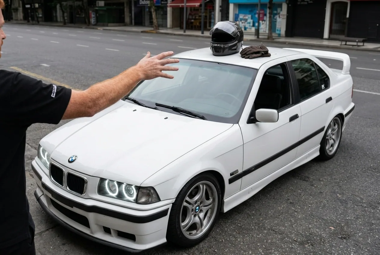 Casco cerrado y guantes sobre el techo de un BMW E36 blanco, equipo minimo de seguridad para empezar a driftear