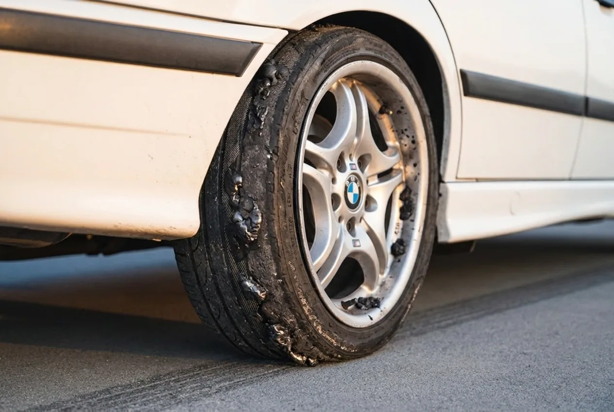 Rueda multi-radios y neumatico trasero gastado de un BMW E36, el costo real de neumaticos al empezar a driftear