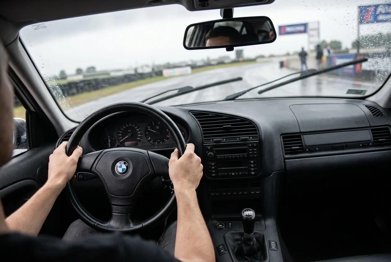 Vista POV de manos sobre el volante de un BMW E36 en pleno contravolante, la mentalidad y confianza del drifter