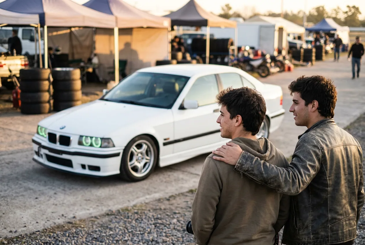 Dos hermanos en el paddock mirando juntos el BMW E36 blanco antes de la clase de drift, regalo de cumpleanos