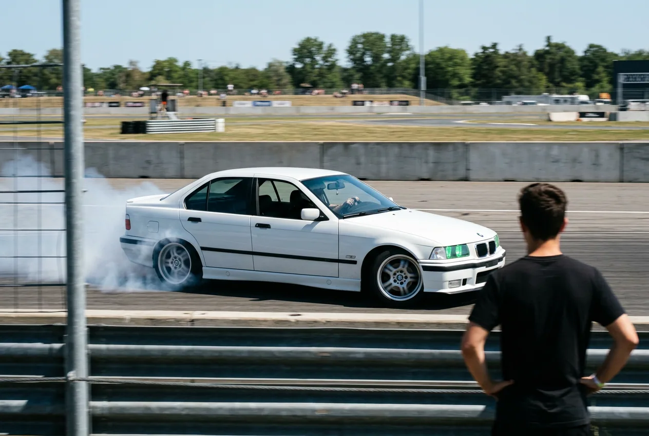 BMW E36 blanco derrapando mientras un hermano observa desde detras de la barrera del pit