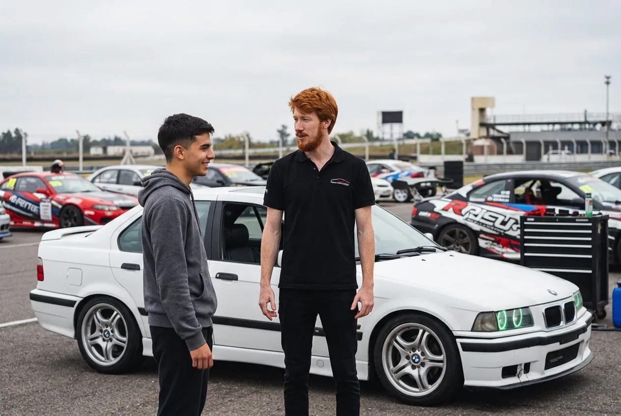 Instructor pelirrojo explicandole a un alumno junto al BMW E36 blanco, no hace falta saber manual