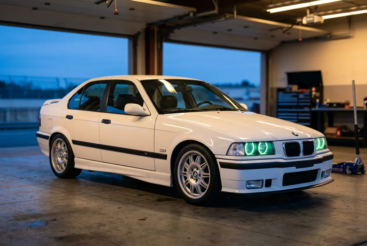 BMW E36 328i blanco en el box al anochecer, la experiencia de drift de regalo