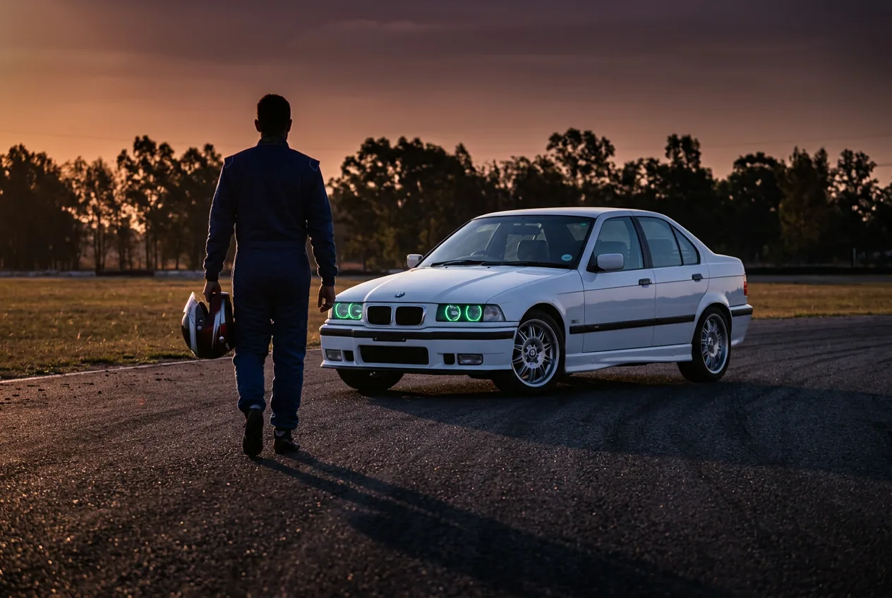 Piloto caminando hacia el BMW E36 blanco al atardecer con el casco en la mano, sesion de drift nivel Pro Driver