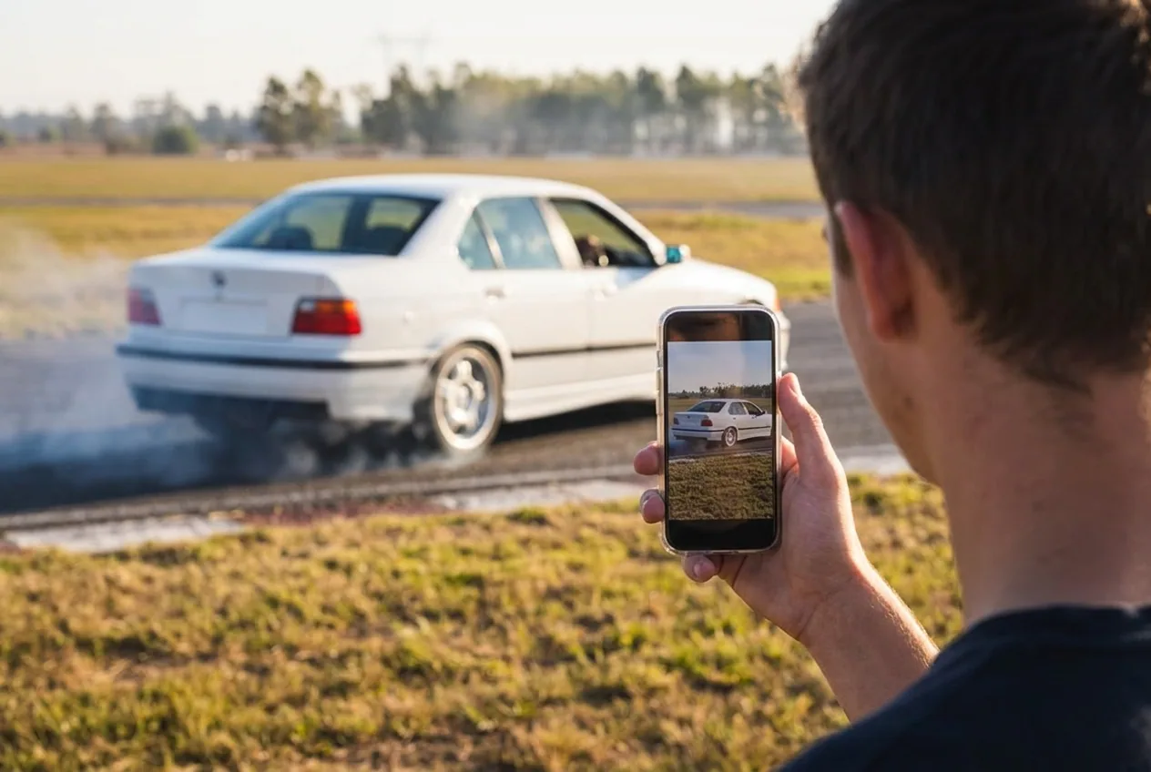 Un hermano filma con el celular el BMW E36 blanco drifteando en la pista, reserva el regalo por WhatsApp