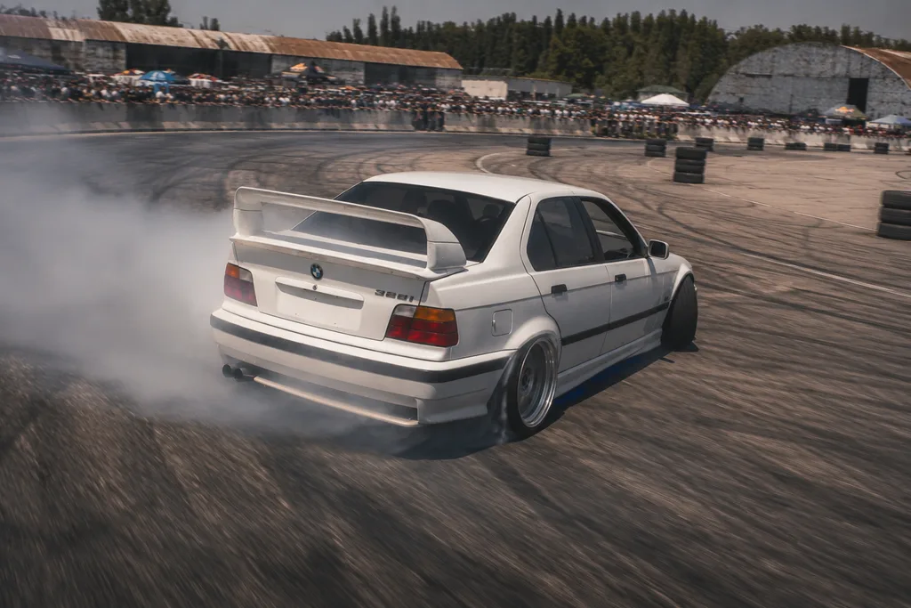 BMW E36 RWD derrapando en pista cerrada con instructor, experiencia diferente para cumpleanos joven