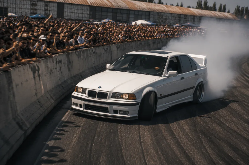 BMW E36 generando humo en curva, regalo memorable para hija en su mayoria de edad