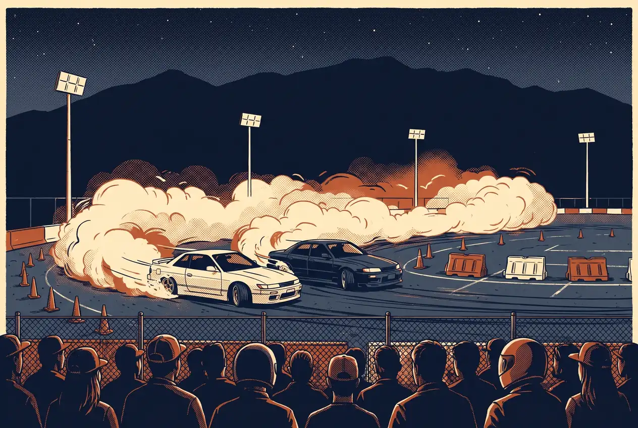Dos autos de drift en tándem de noche bajo reflectores, con el público detrás del alambrado y montañas al fondo