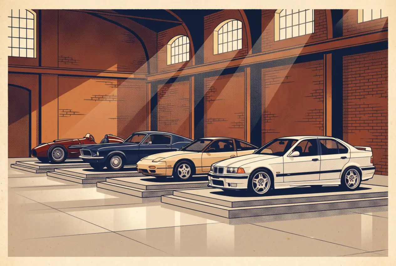 Cuatro autos de distintas épocas en un museo, de un monoplaza de los años 50 a un BMW E36 blanco