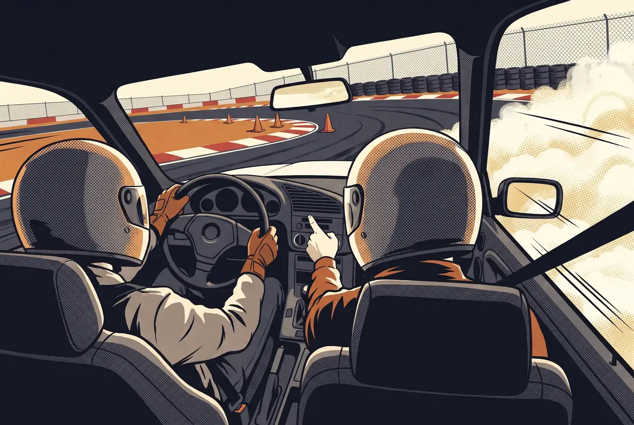 Alumno e instructor con casco vistos desde el asiento trasero del BMW E36 mientras el auto derrapa en la pista