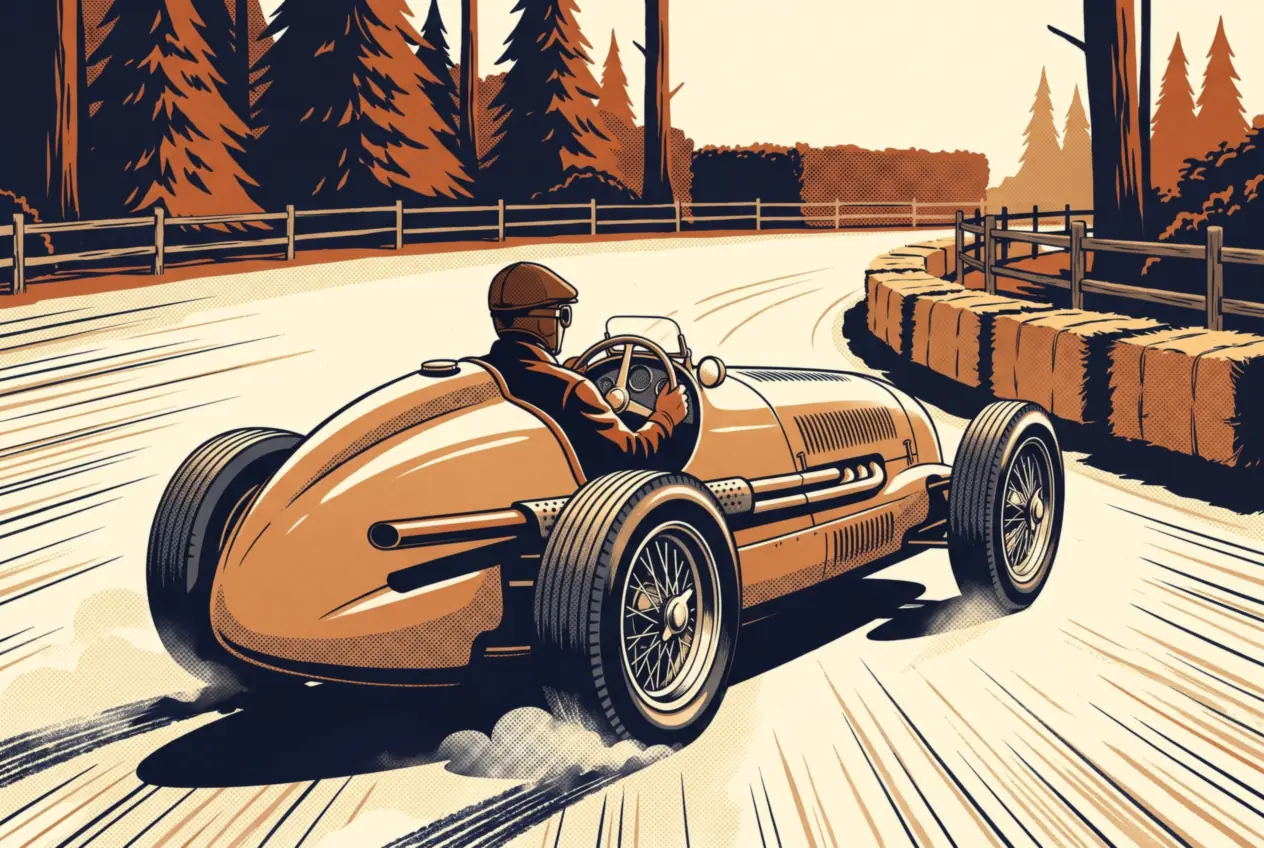 Monoposto de los años cincuenta en un four-wheel drift junto a fardos de paja y un bosque de pinos
