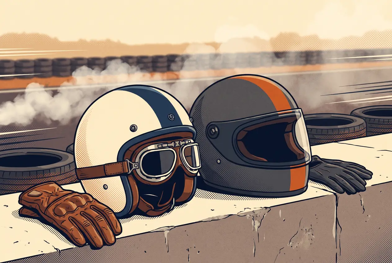 Un casco abierto de los setenta con antiparras y un casco integral de los ochenta sobre el muro de boxes