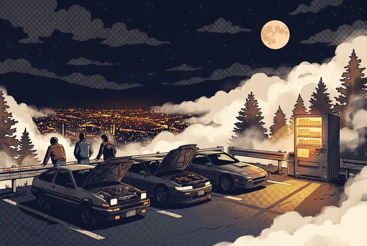 Tres coupés japoneses de los ochenta estacionados de noche en un mirador de montaña, con capós abiertos y una máquina expendedora encendida