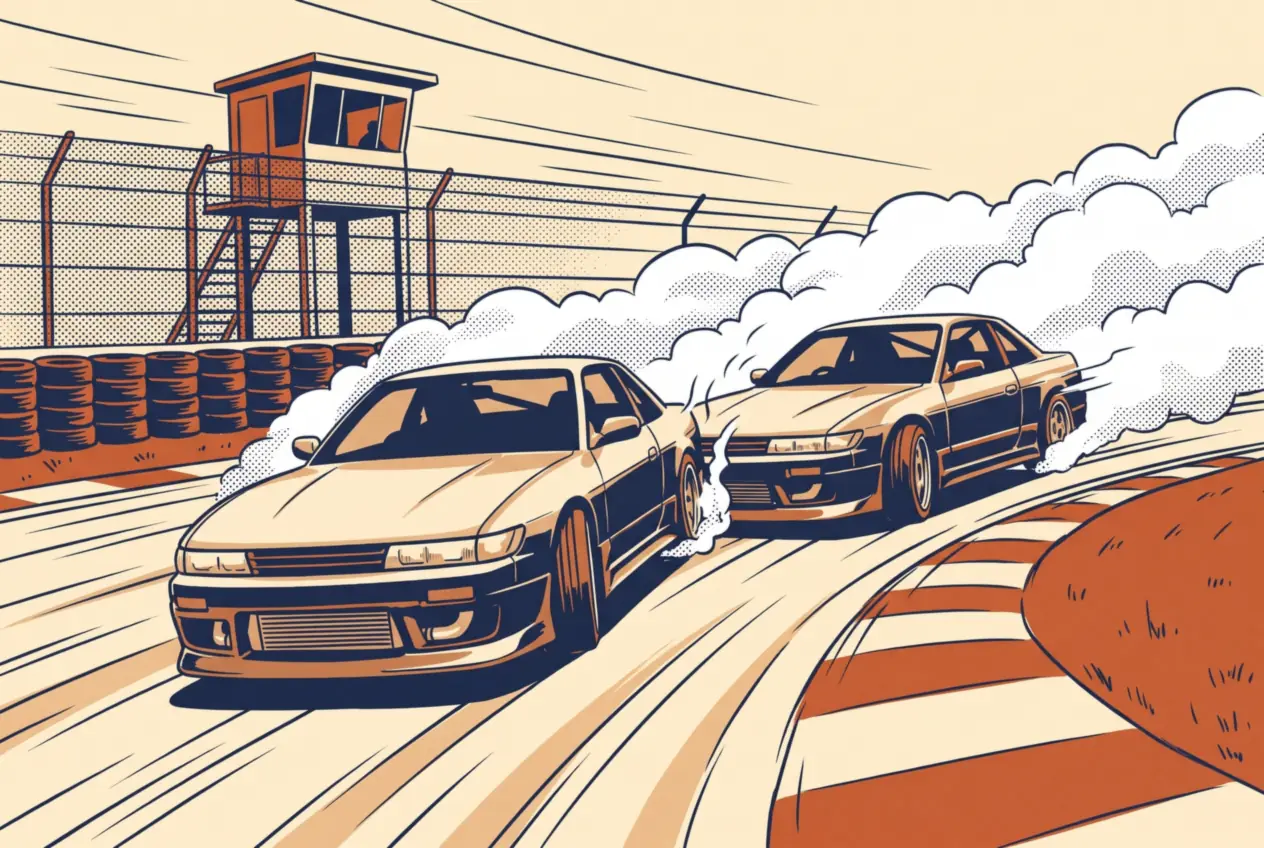 Dos autos de drift en batalla en tándem, con la torre de los jueces del circuito detrás