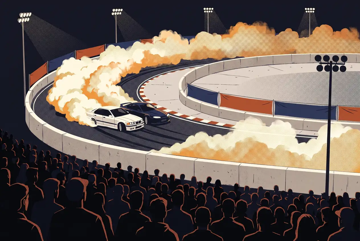 Dos autos haciendo tándem entre muros de un circuito cerrado iluminado, con humo y una multitud de espaldas en la tribuna
