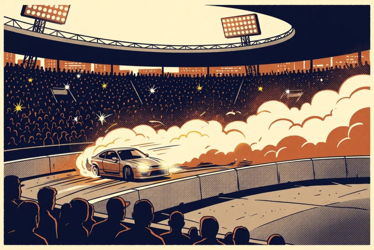Auto de drift entre muros de hormigón dentro de un estadio de noche, visto desde la tribuna llena