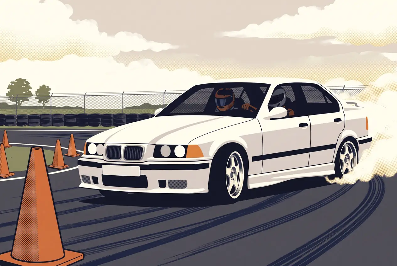 BMW E36 blanco derrapando despacio entre conos en una pista cerrada, con el instructor sentado al lado del alumno