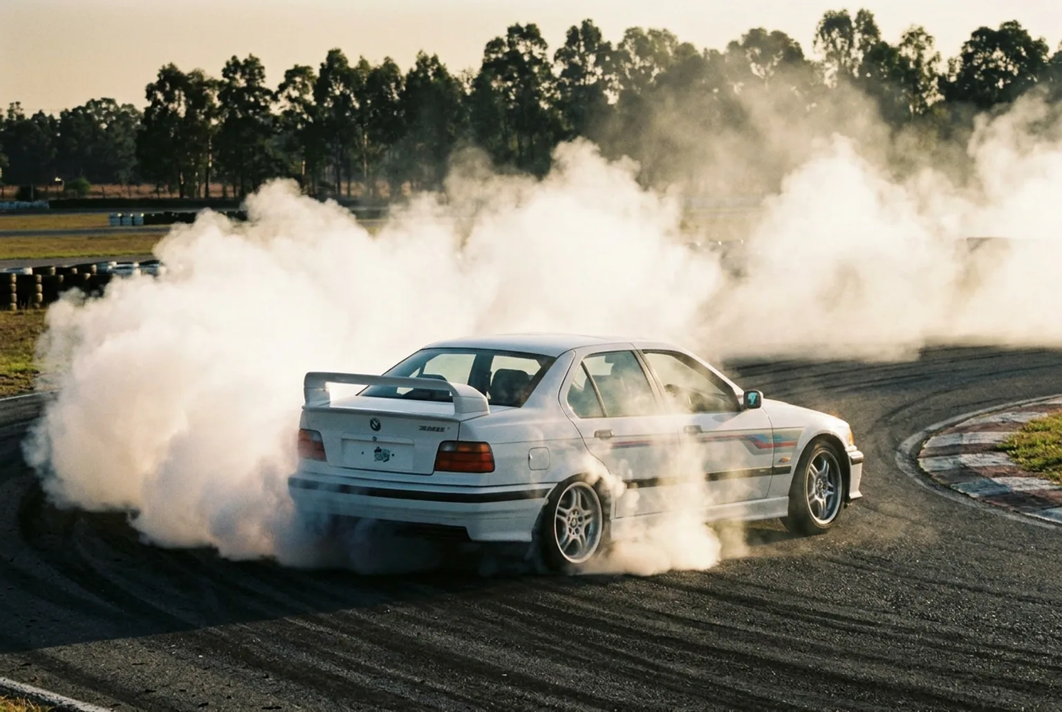 Detalle de humo de neumaticos y BMW E36 derrapando, toma para reel de drift en Buenos Aires