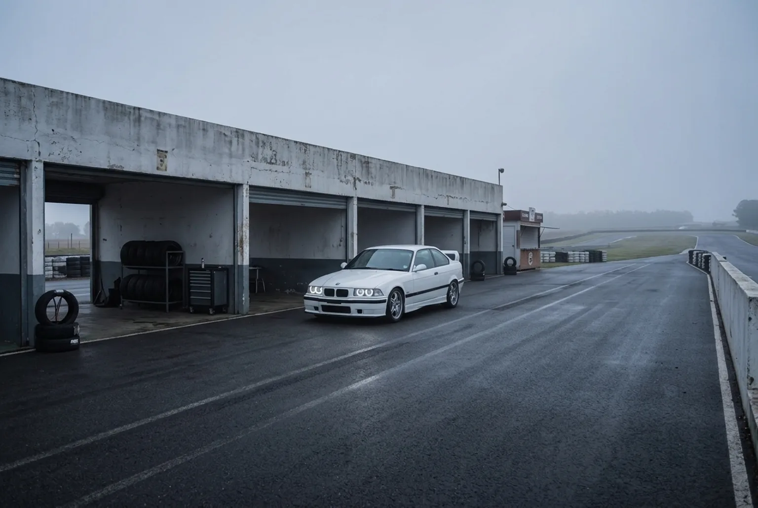 BMW E36 blanco de drift en el box del autodromo con luz de manana, regalo de jubilacion en Buenos Aires