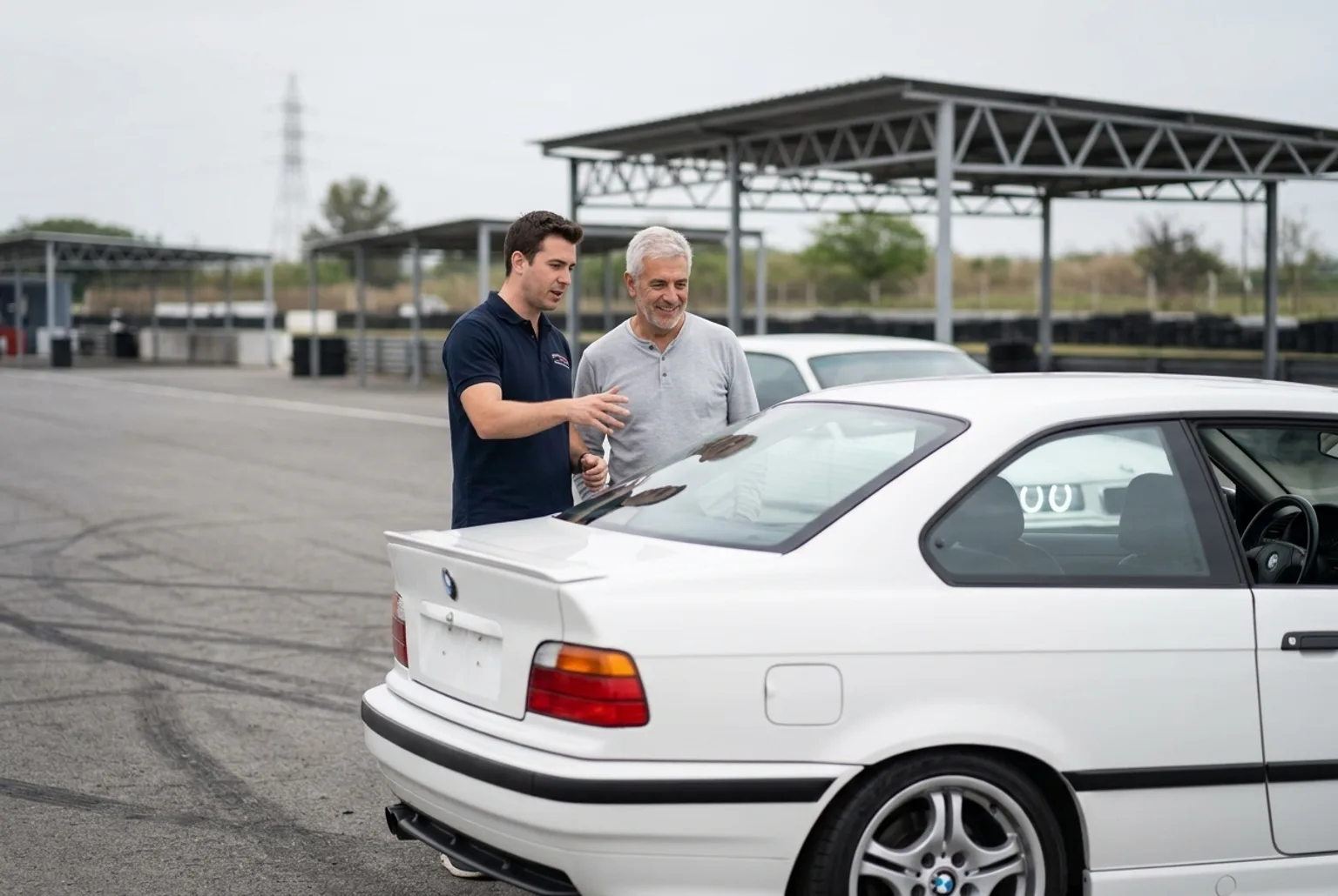 El instructor le explica a un hombre de unos 60 anos junto al BMW E36 blanco antes de una clase de drift accesible de regalo de jubilacion en Buenos Aires