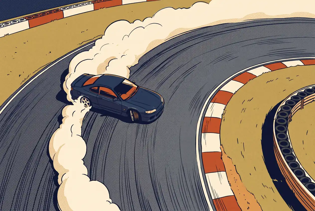 Vista aérea de un coupé azul derrapando en una curva de circuito cerrado entre pianos y humo blanco
