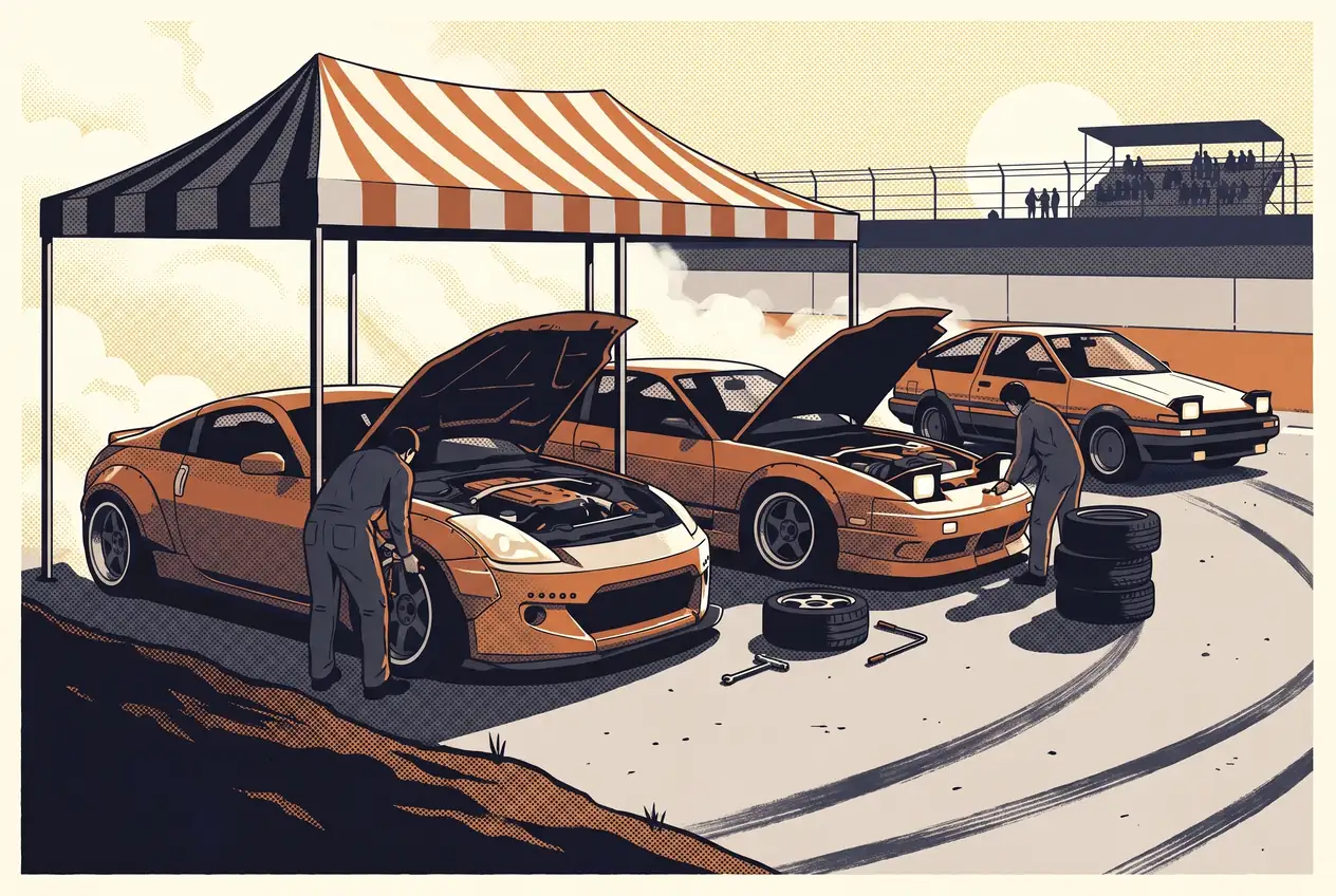 Paddock de drift con un coupé japonés biplaza, otro de faros escamoteables y un hatchback, con capós abiertos y mecánicos