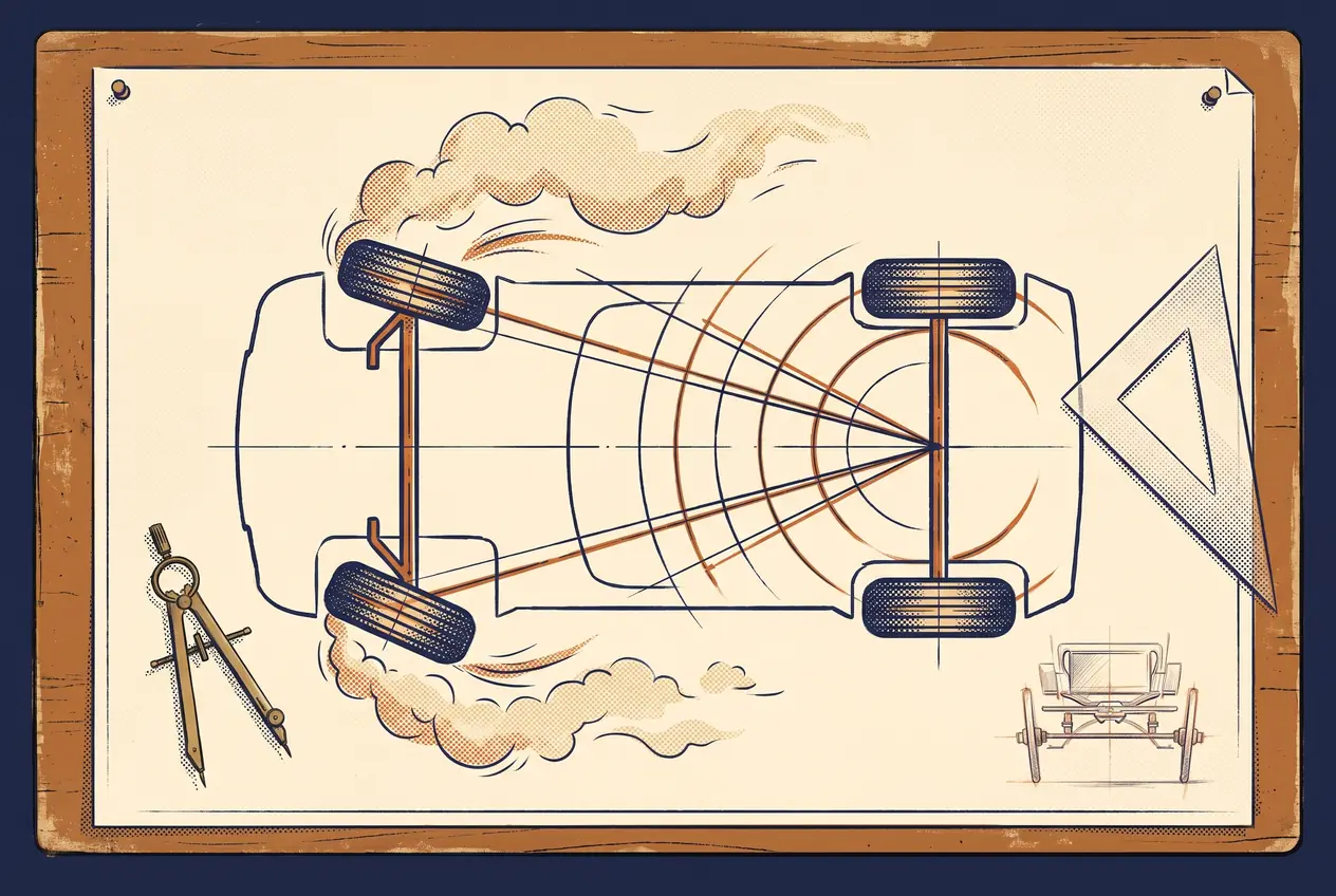 Dibujo técnico de la geometría de Ackermann sobre un tablero, con líneas de dirección que convergen hacia el eje trasero