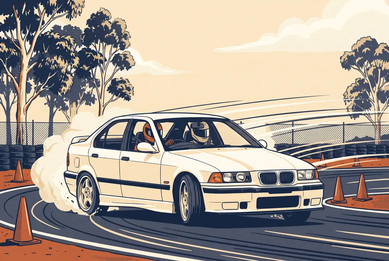 BMW E36 blanco derrapando entre conos en una pista cerrada, con el alumno al volante y el instructor al lado