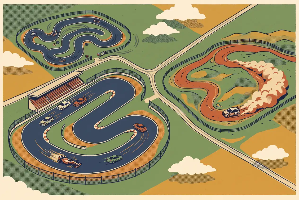 Vista aérea de un kartódromo, un autódromo con tribuna y un tramo de rally de tierra entre campos
