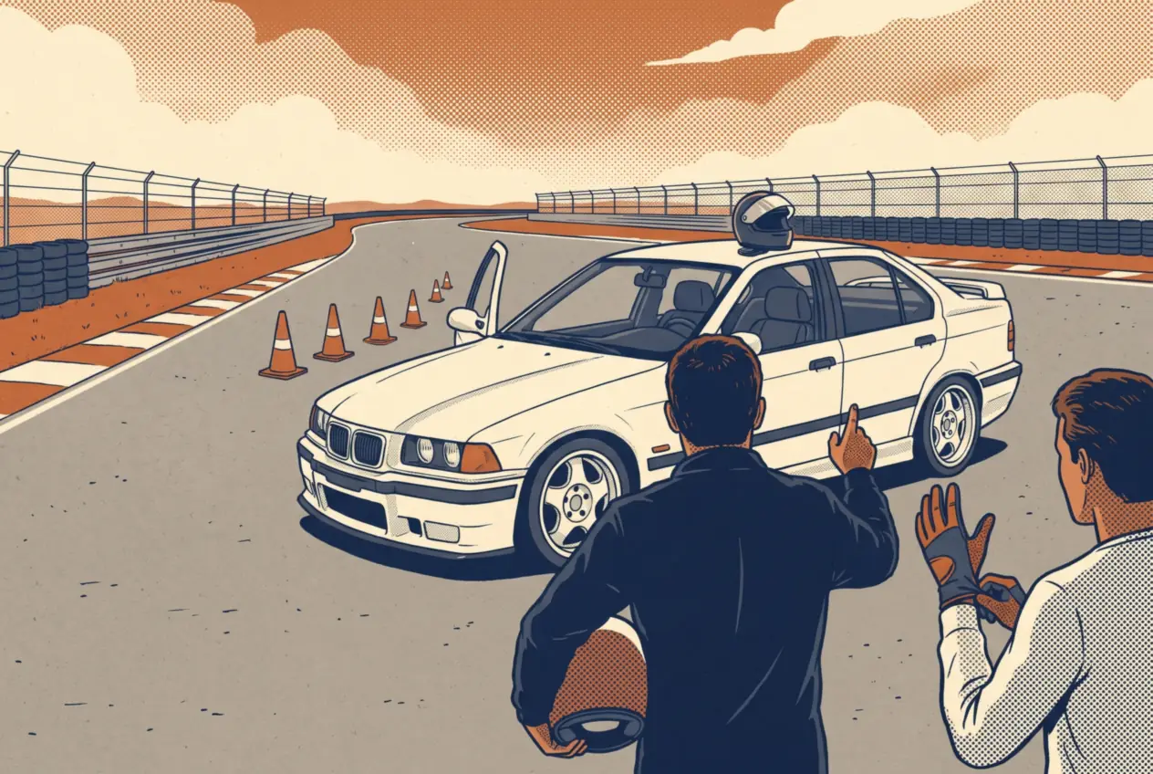 Instructor con casco bajo el brazo y alumno poniéndose guantes, de espaldas, junto al BMW E36 blanco en pista