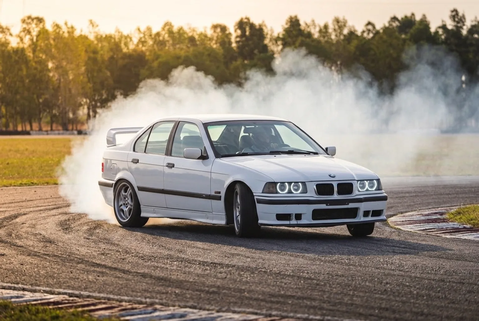 BMW E36 blanco en pleno drift con el volante contravolanteado y humo, bajo luz dorada del atardecer en pista cerrada