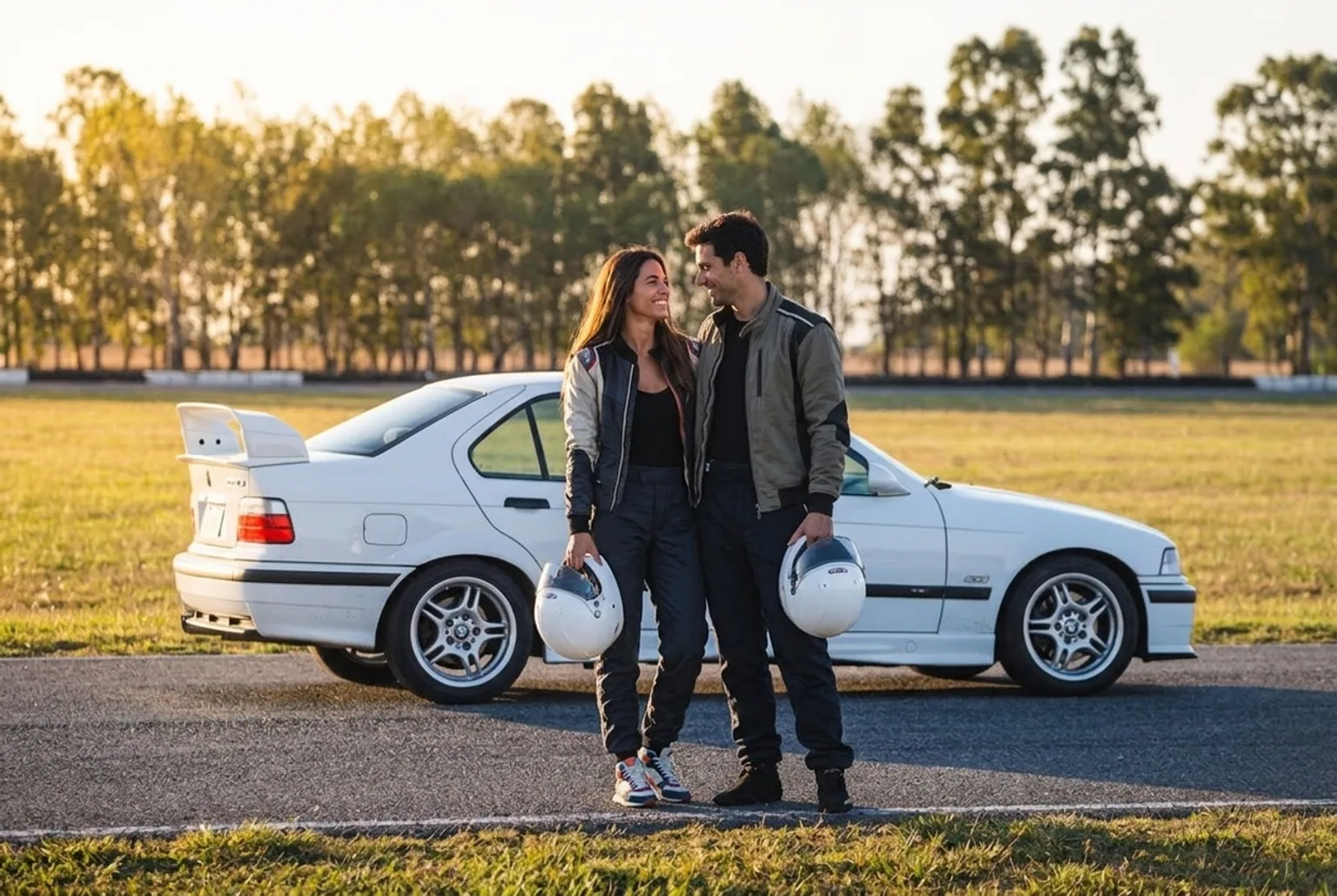 Pareja con casco junto al BMW E36 antes de manejar el auto deportivo por turnos en el autodromo