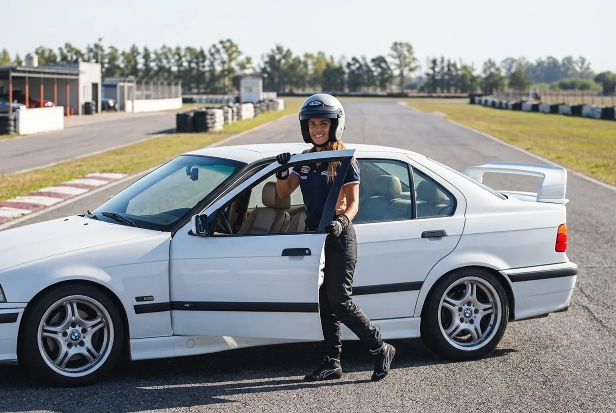Alumna con casco abriendo la puerta del conductor (lado izquierdo) del BMW E36 para subirse a manejar en la pista