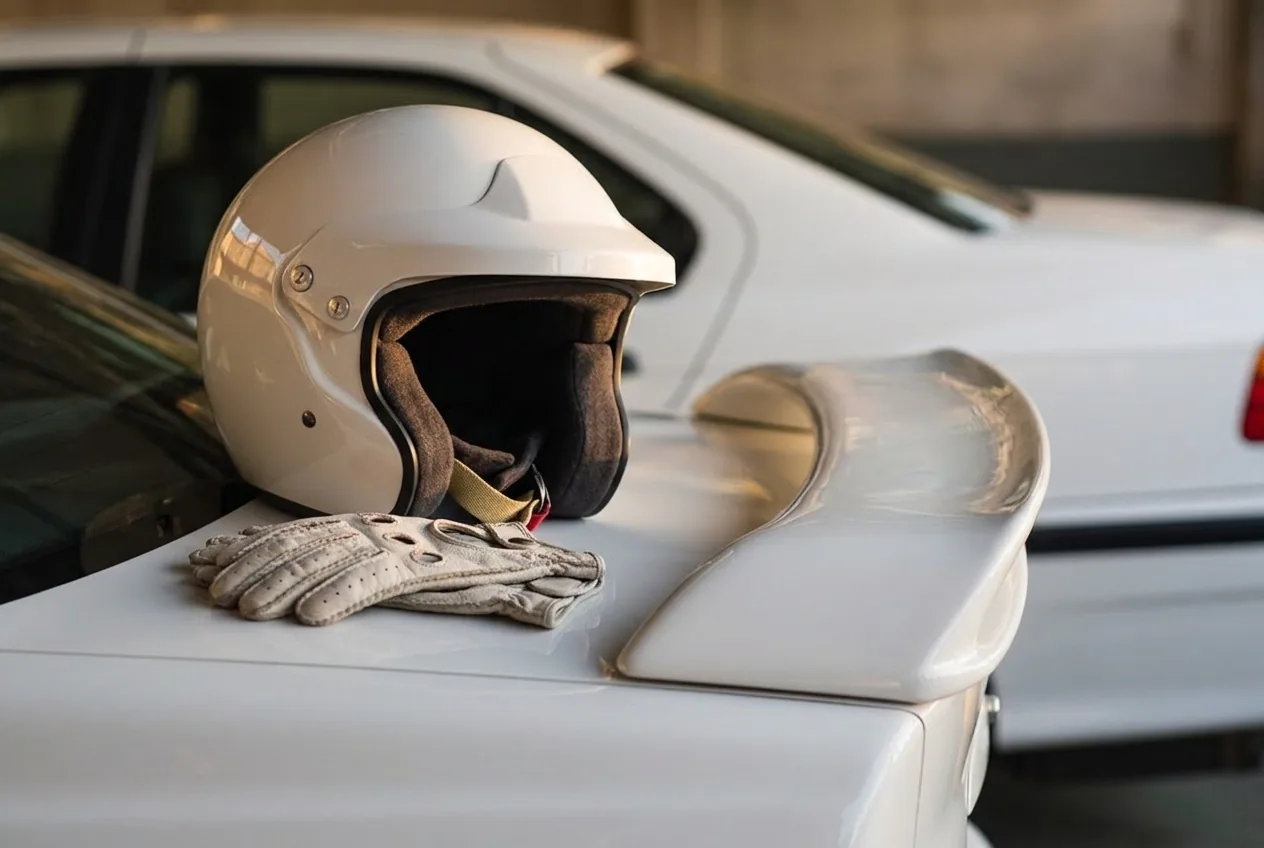 Casco abierto y guantes de manejo apoyados sobre el baúl del BMW E36 blanco junto al spoiler, equipo incluido en el regalo