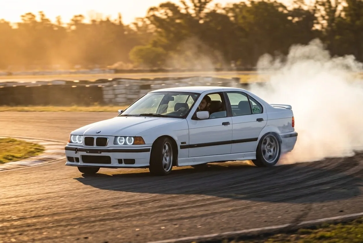 BMW E36 blanco derrapando con humo en una curva al atardecer, la experiencia que incluye el regalo