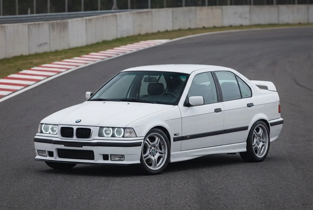BMW E36 blanco preparado para drift estacionado y listo en un circuito cerrado