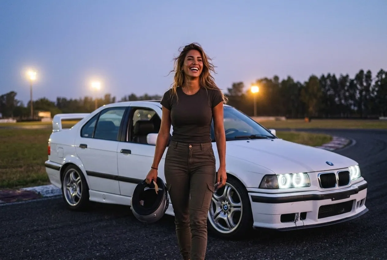 Alumna sonriendo con euforia y el casco en la mano junto al BMW E36 después de su clase de drift al anochecer