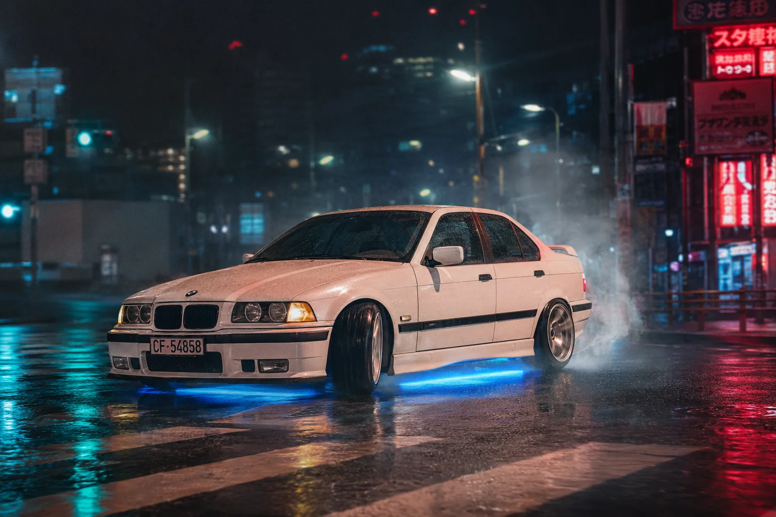 BMW E36 en calle Tokyo neon de noche — drift como destino compartido para dos mejores amigos en Buenos Aires