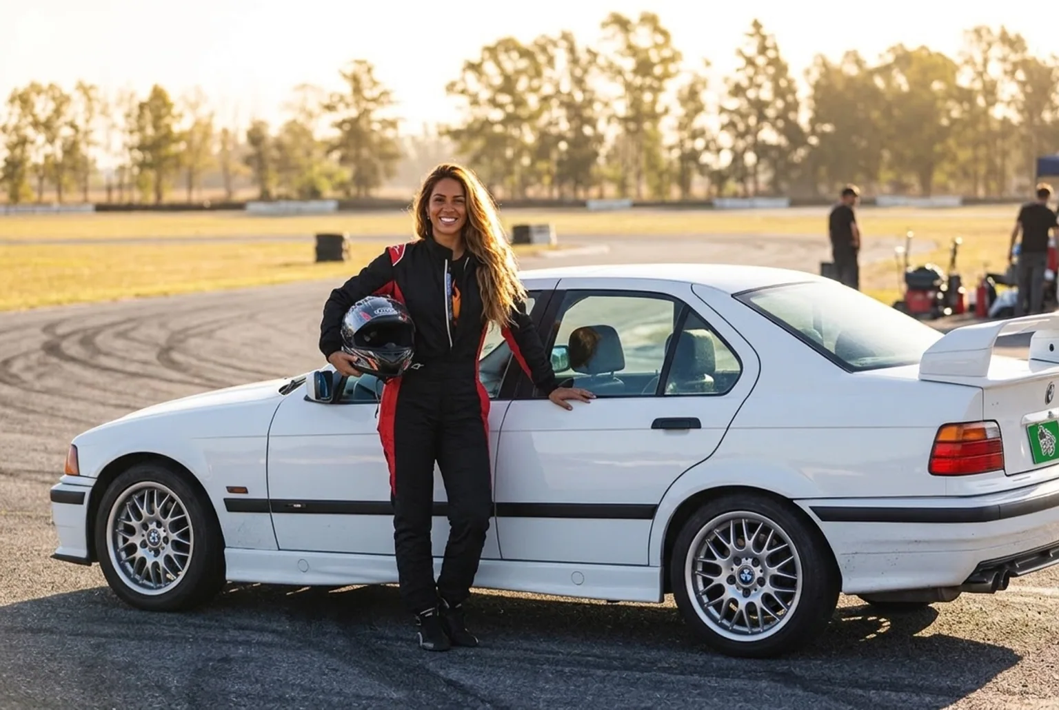 Mujer sonriendo con casco al lado del BMW E36 despues de su clase de drift en Buenos Aires