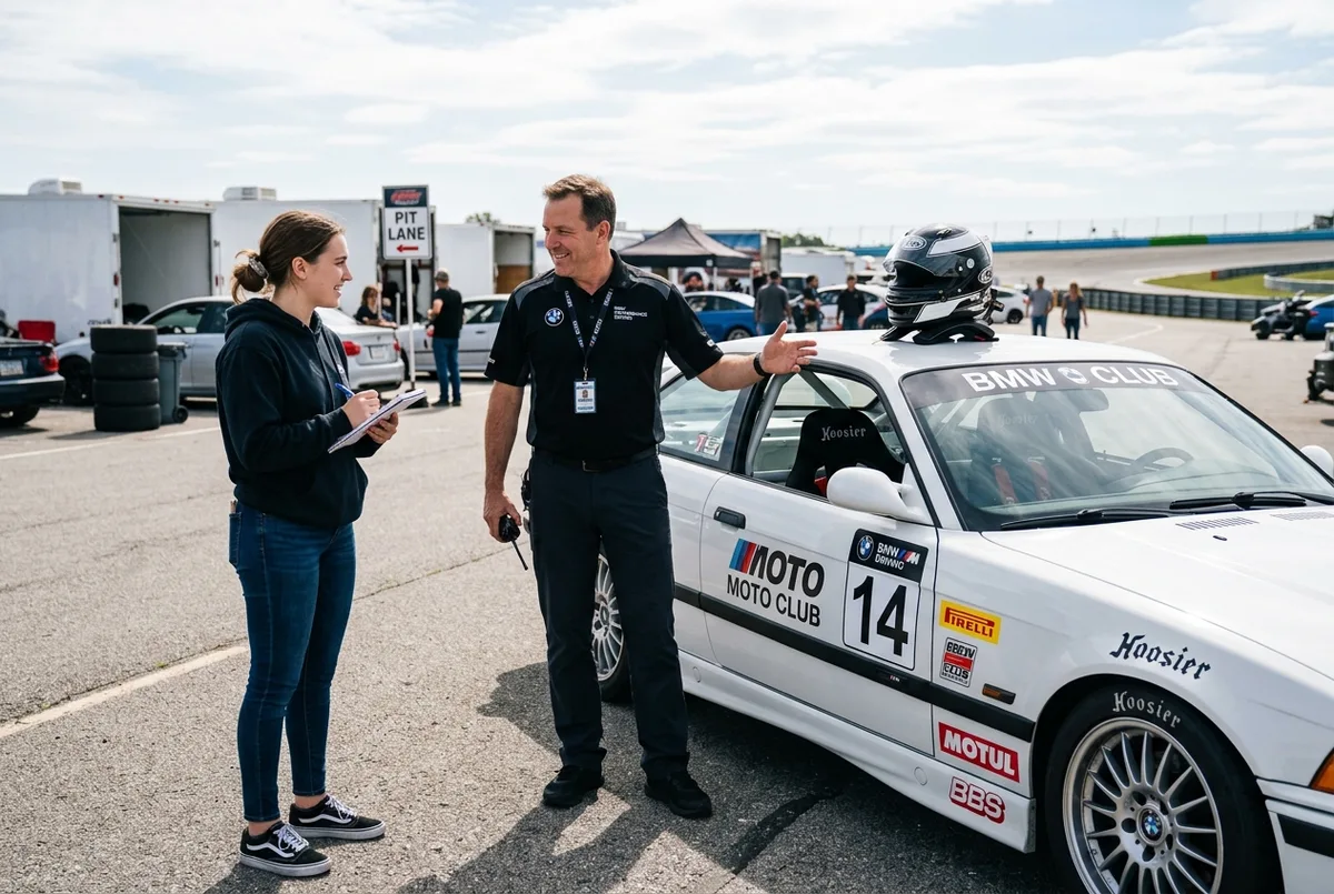 Aluno iniciante entrando pela primeira vez no BMW E36 de drift enquanto o instrutor explica — comecar do zero