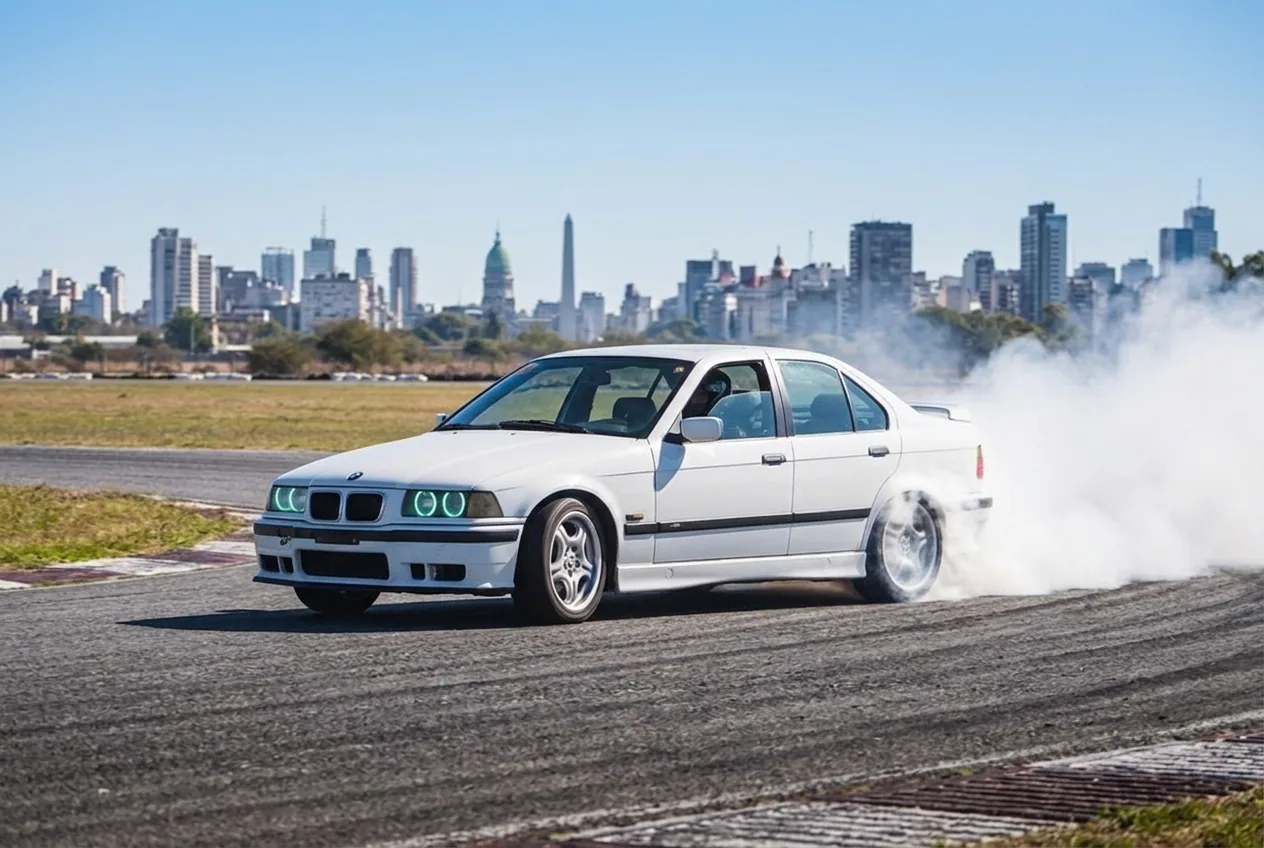 BMW E36 blanco derrapando en pista con el skyline de Buenos Aires de fondo, empezar de cero
