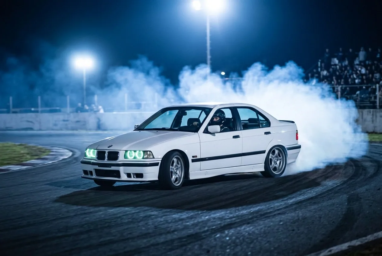 BMW E36 blanco derrapando de noche bajo los reflectores del autodromo
