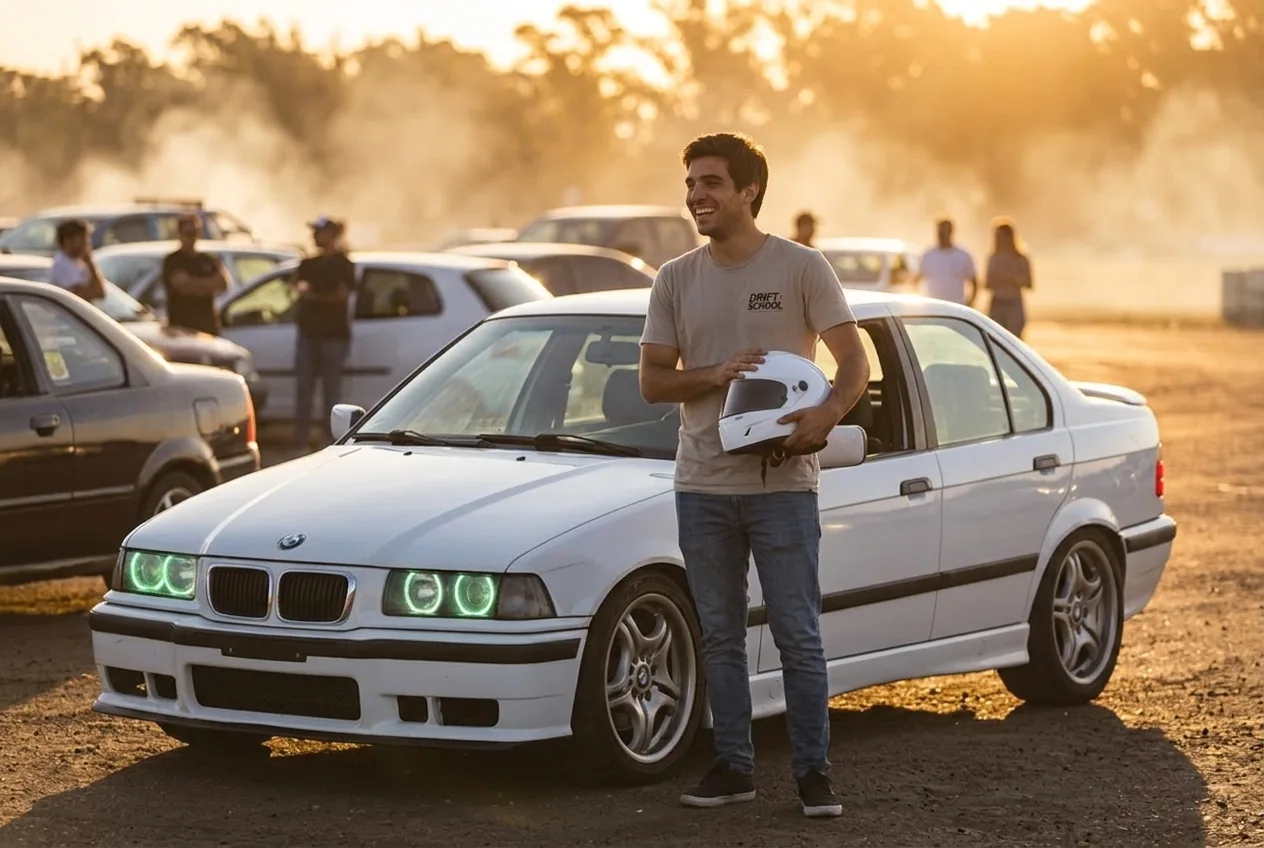 Alumno principiante feliz con el casco junto al BMW E36 blanco al atardecer, despues de su primera clase