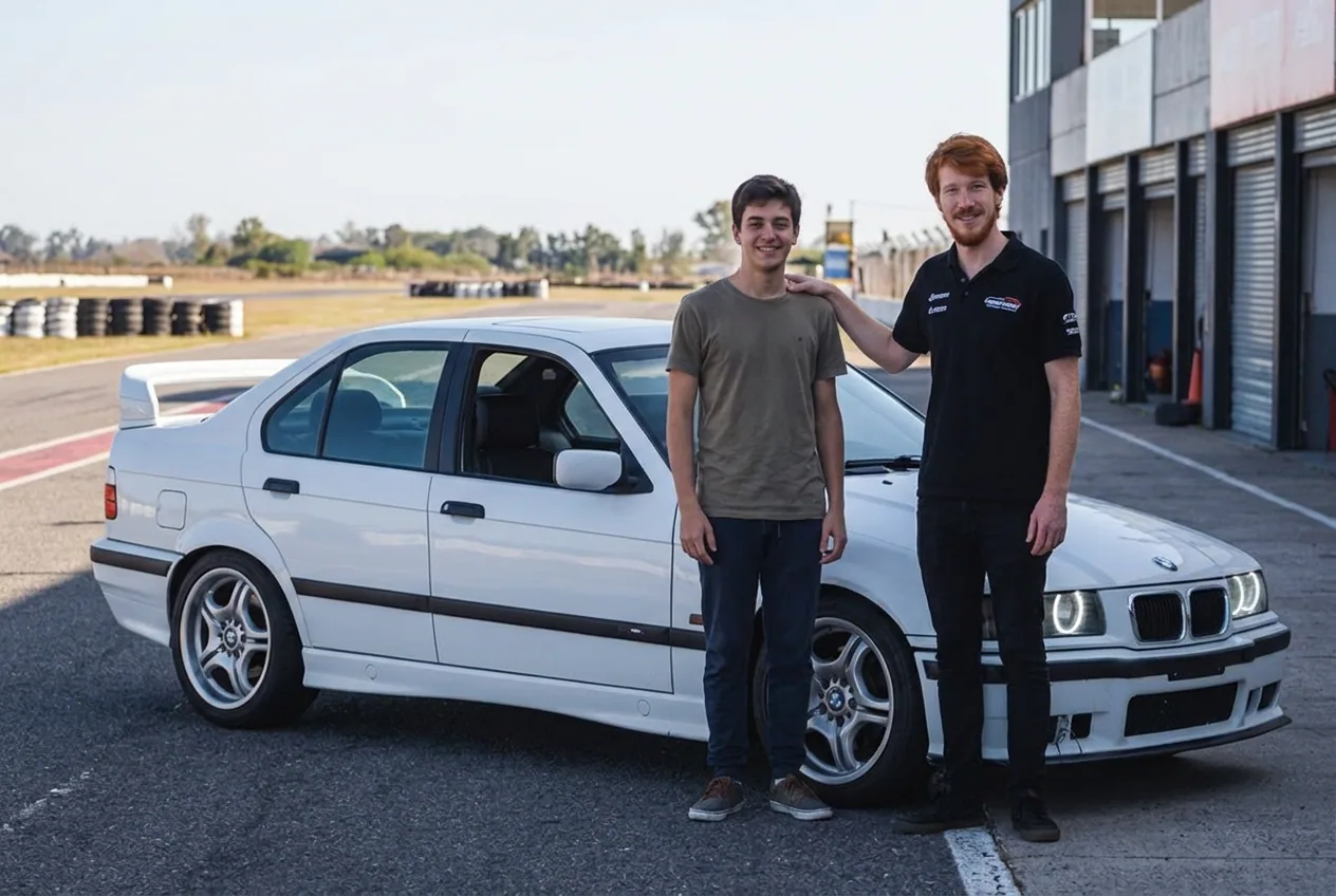 Instructor pelirrojo tranquilizando a un alumno relajado junto al BMW E36 blanco: si, podes driftear sin saber manual