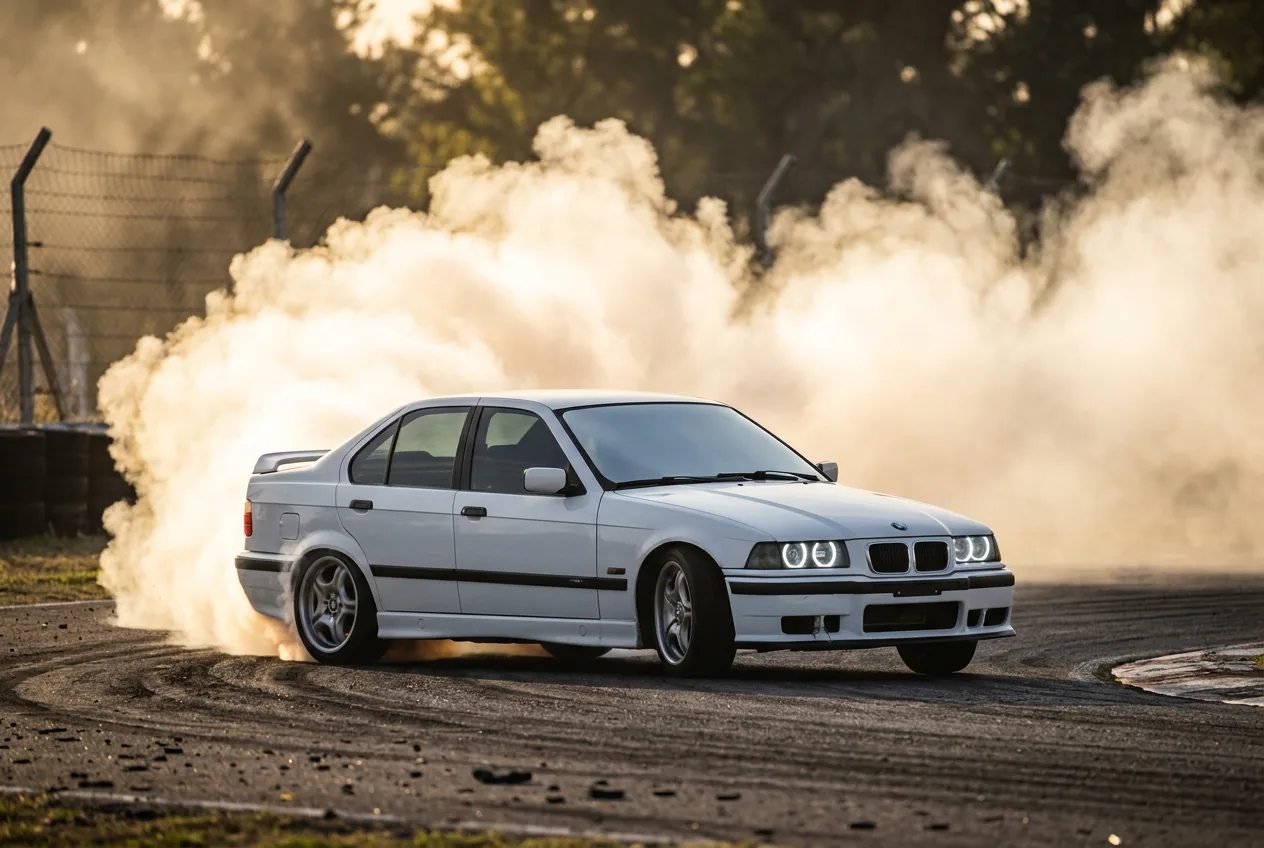 BMW E36 blanco en un drift agresivo de competicion entre humo: la imagen pro que uno imagina, no tu primera clase